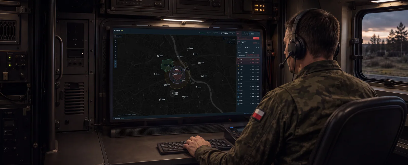 Operator przy stanowisku dowodzenia HAWK C2 wewnątrz pojazdu